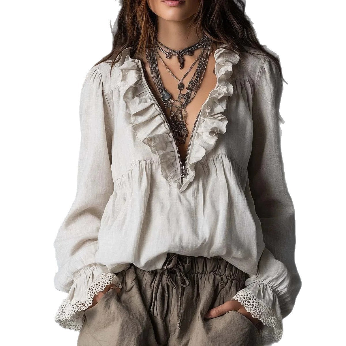 Lotus leaf V-neck blouse