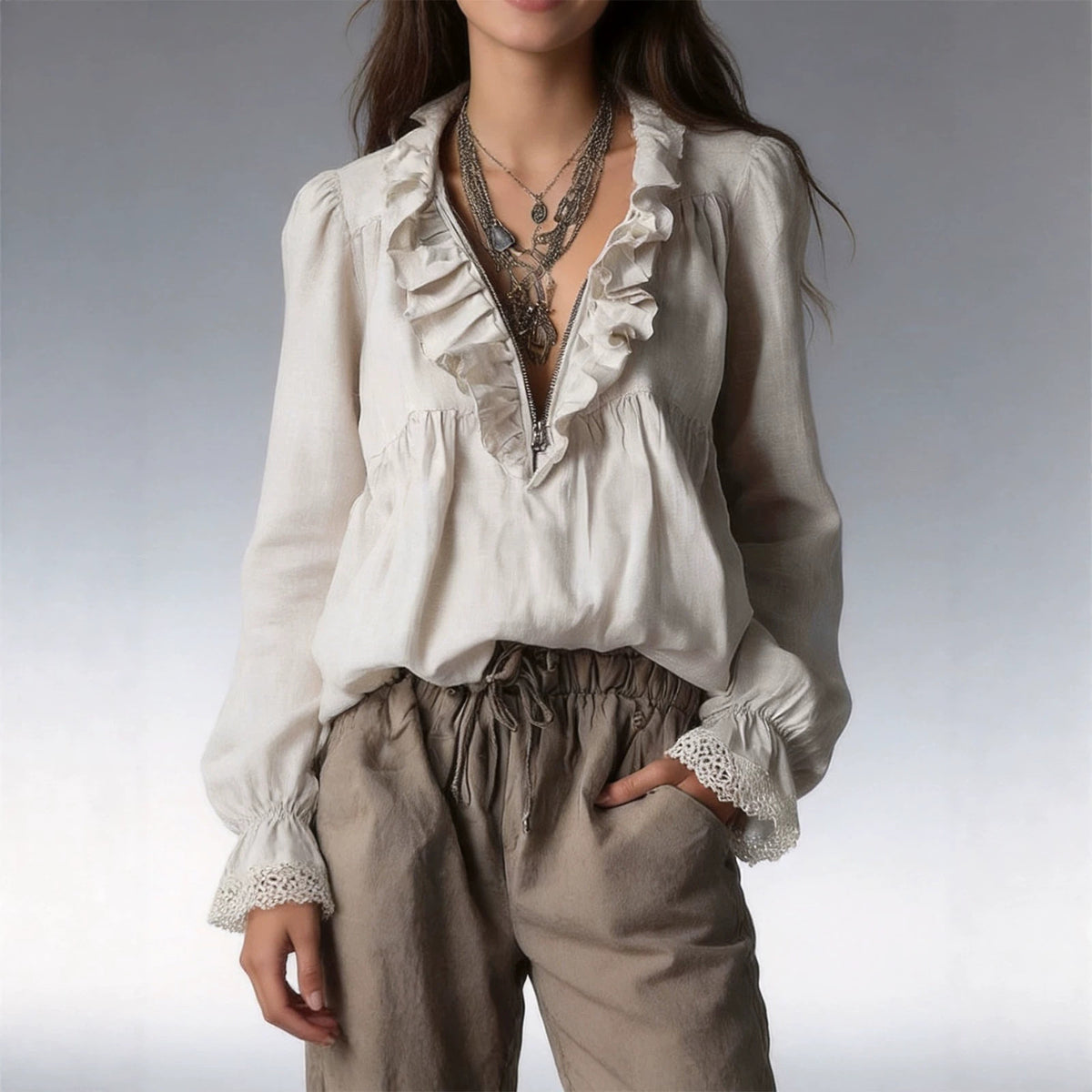Lotus leaf V-neck blouse