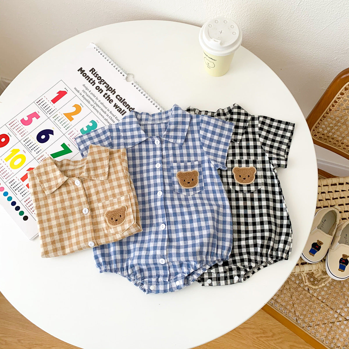 Collar Romper with Plaid Bear Pattern Onesie