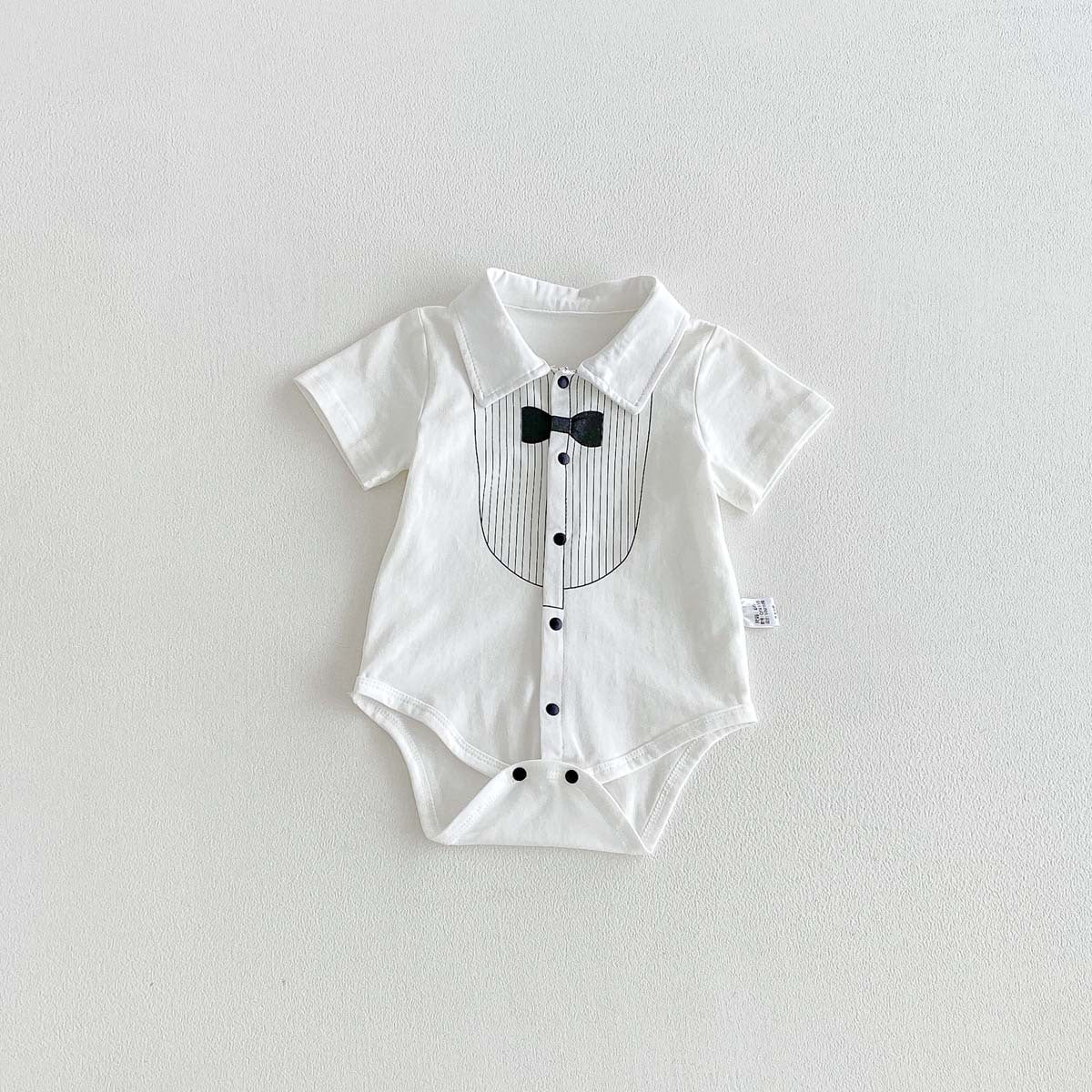 Polo Neck Short Sleeve Bodysuit Bow Tie Printed Romper