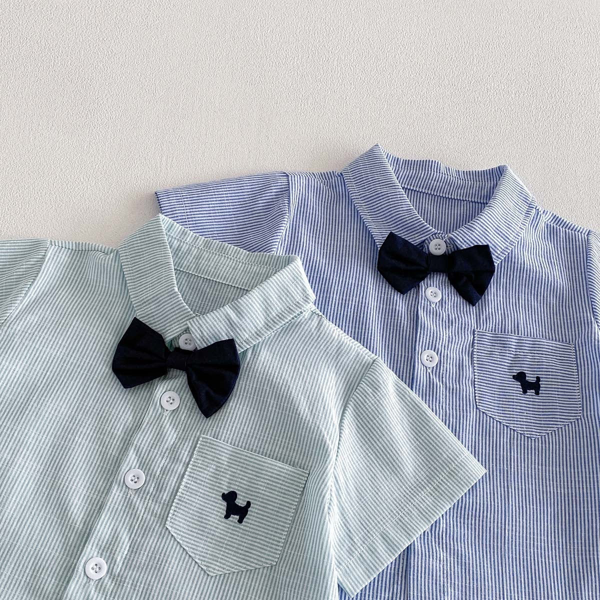 Bow Tie Short-Sleeve Shirt and Shorts Two-Piece Outfit