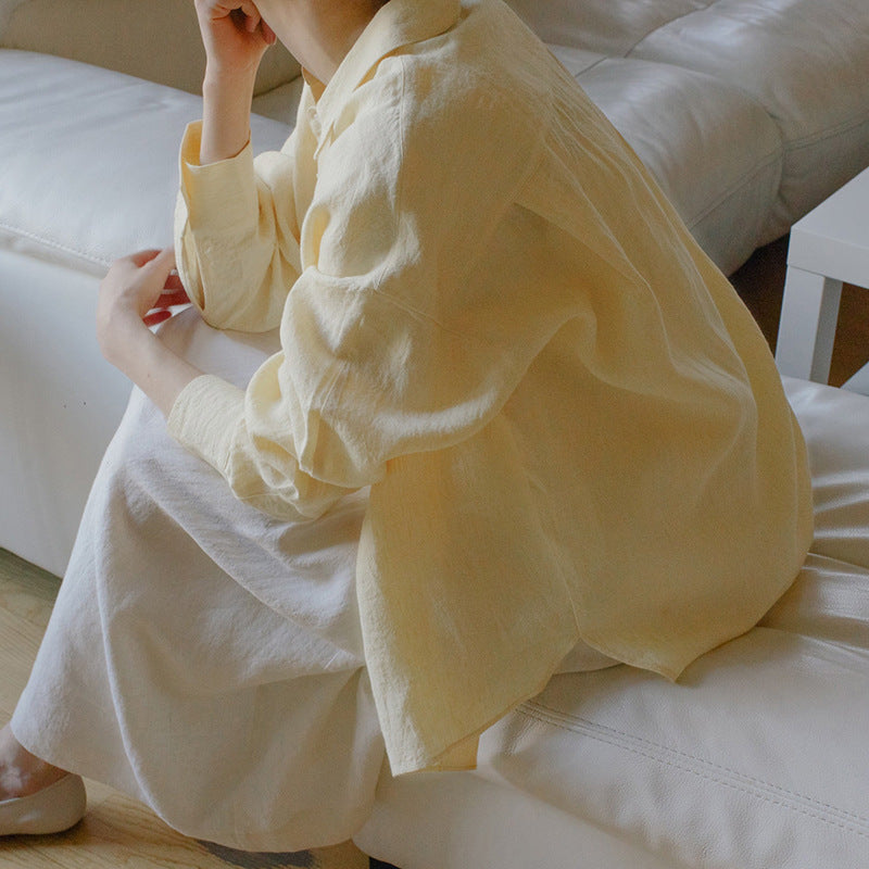Linen Side Slit Blouse Women's French Casual Loose Top and Jacket Loose Shirt