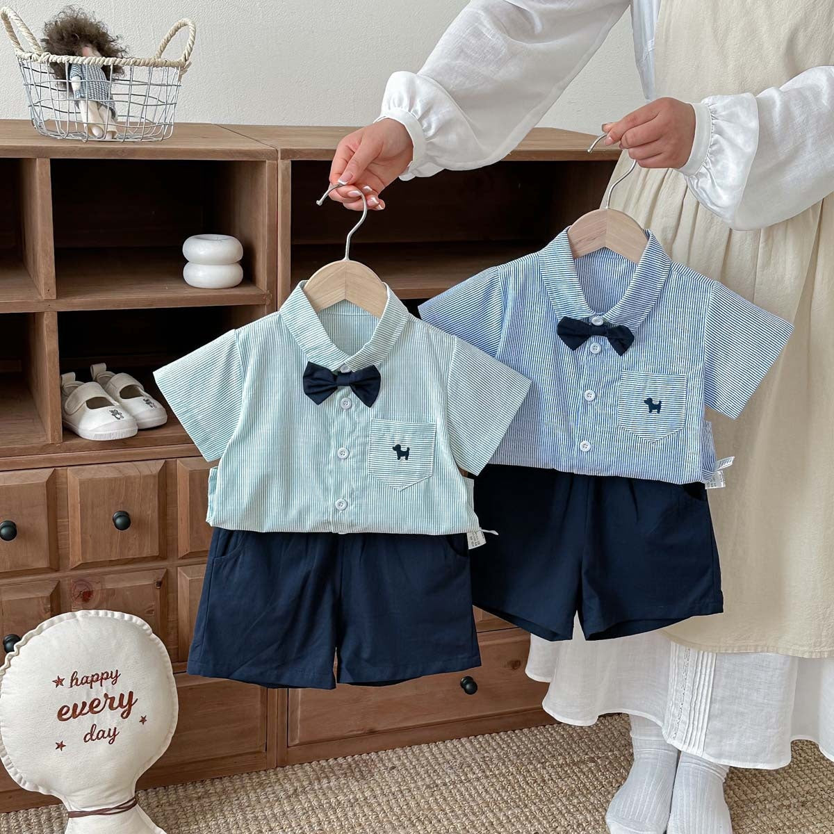 Bow Tie Short-Sleeve Shirt and Shorts Two-Piece Outfit