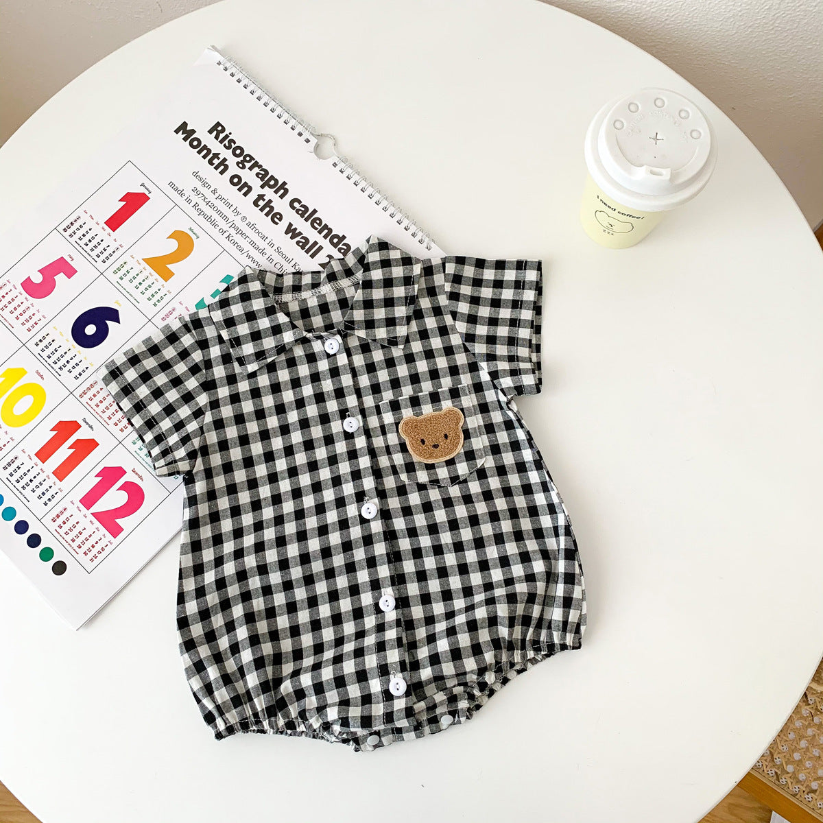 Collar Romper with Plaid Bear Pattern Onesie