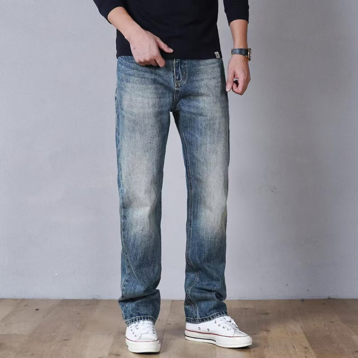 Men Women Washed Clean Fit Casual Straight Leg Floor Length Jeans