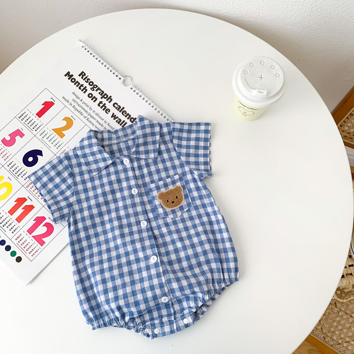 Collar Romper with Plaid Bear Pattern Onesie