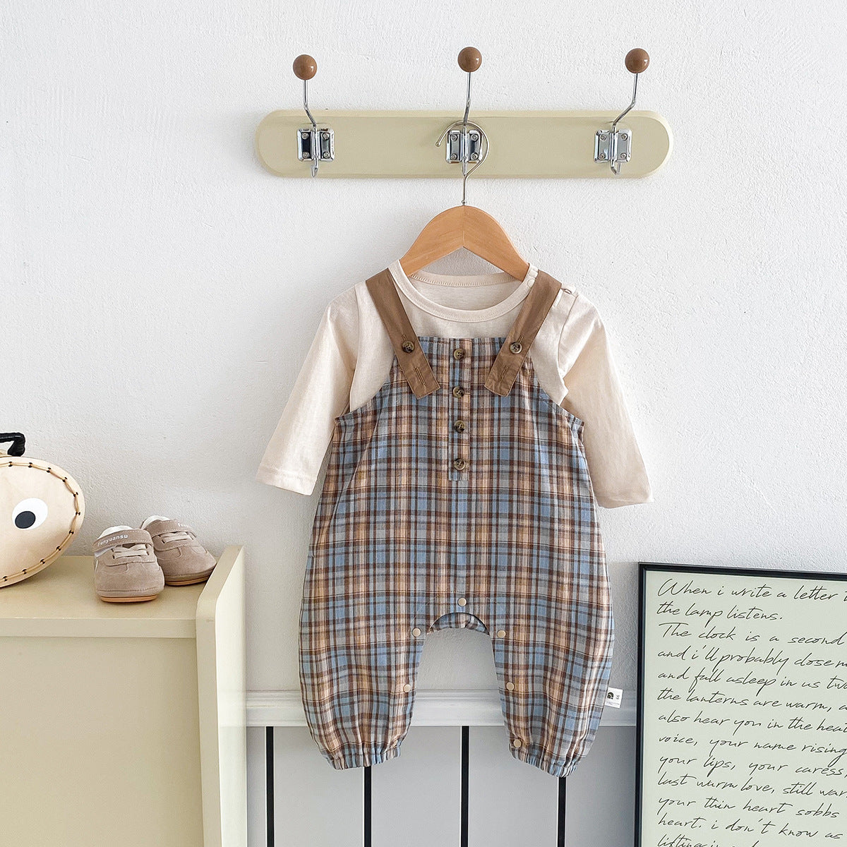 Plaid Overalls Onesie Two-Piece Set