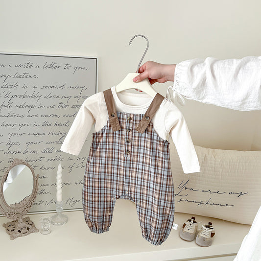 Plaid Overalls Onesie Two-Piece Set