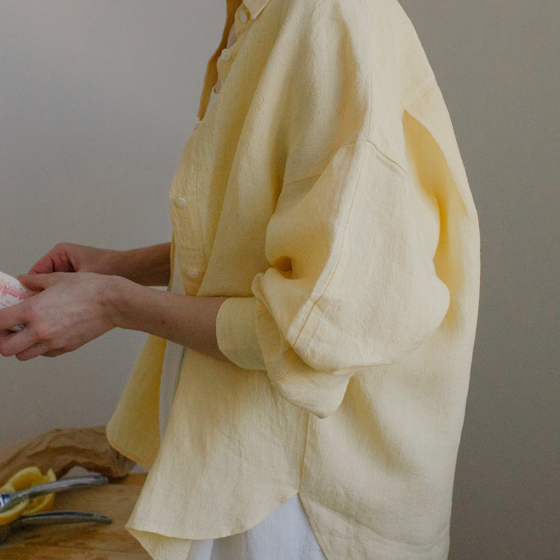Linen Side Slit Blouse Women's French Casual Loose Top and Jacket Loose Shirt
