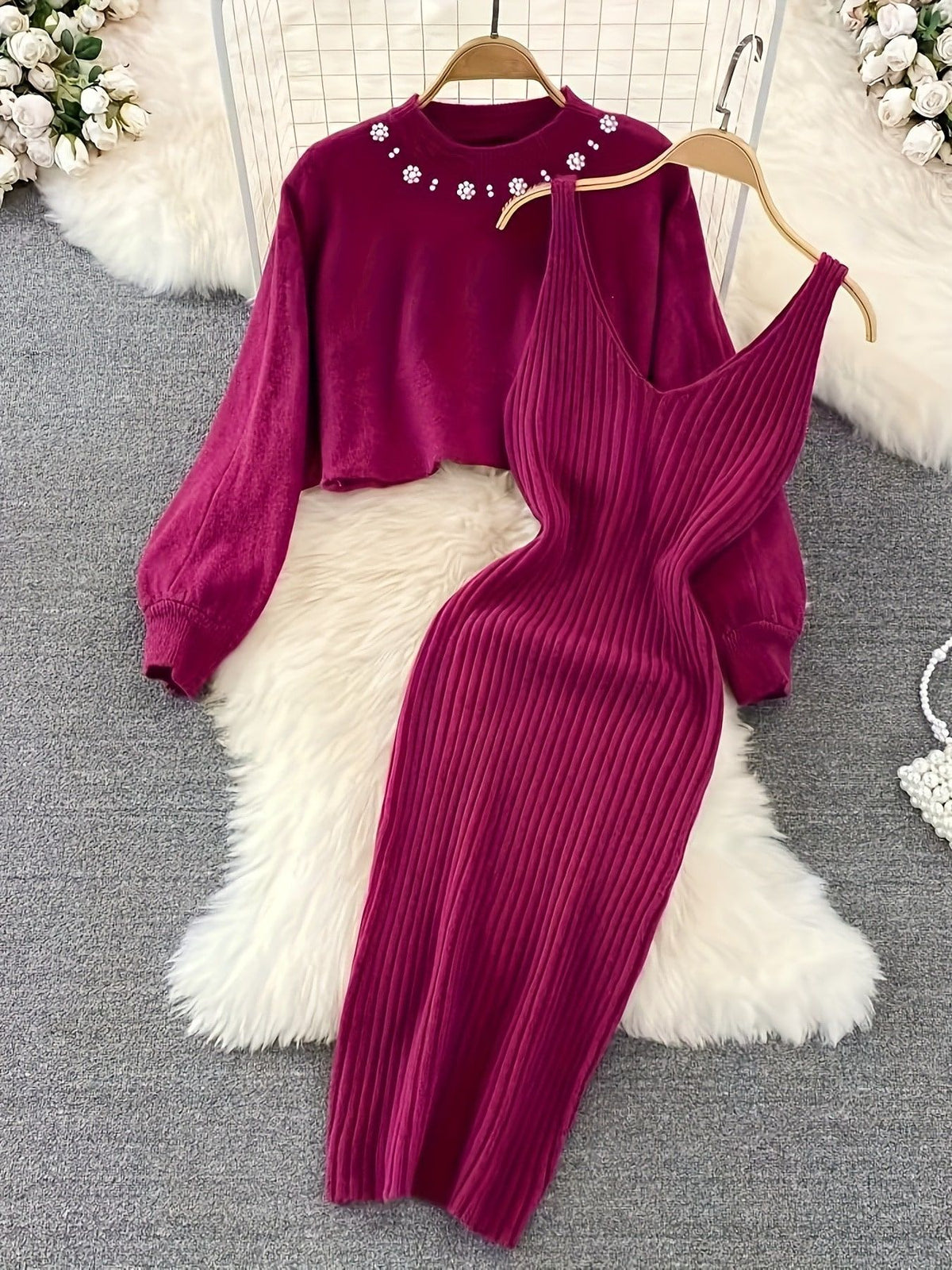 Two-Piece Knit Dress & Cropped Sweater Set