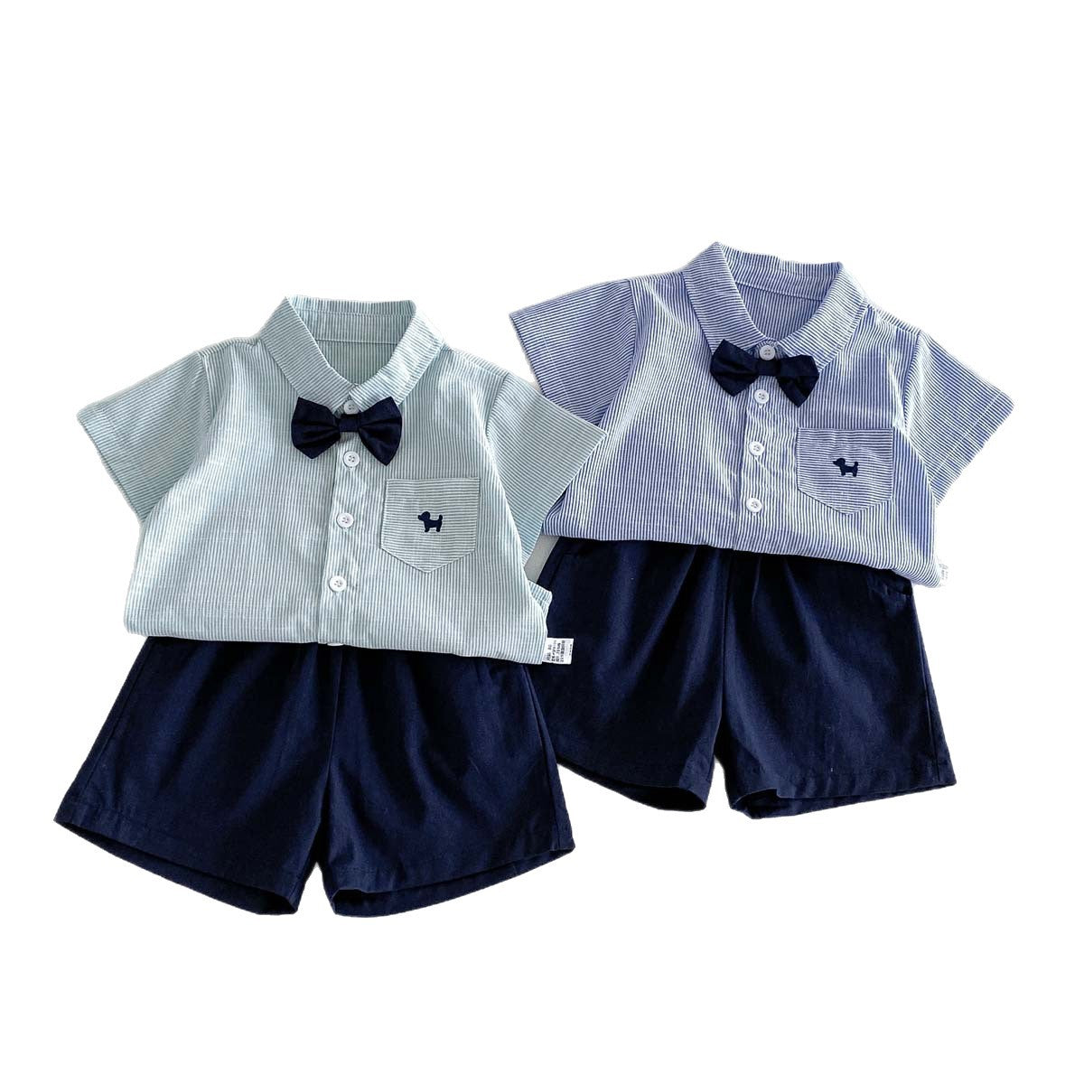 Bow Tie Short-Sleeve Shirt and Shorts Two-Piece Outfit