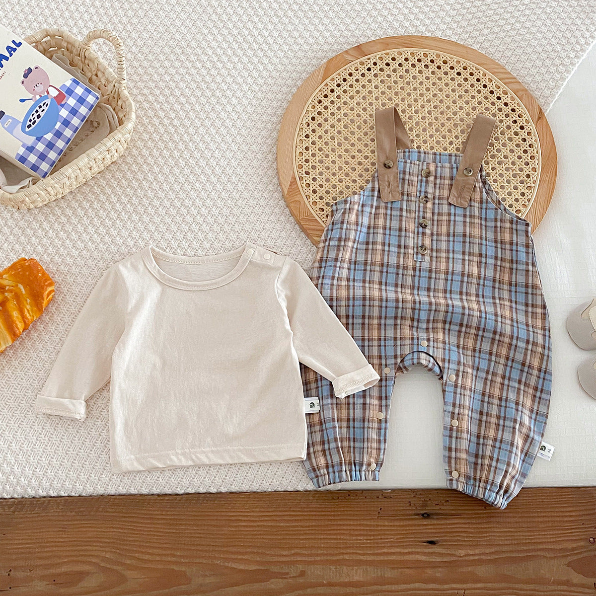 Plaid Overalls Onesie Two-Piece Set