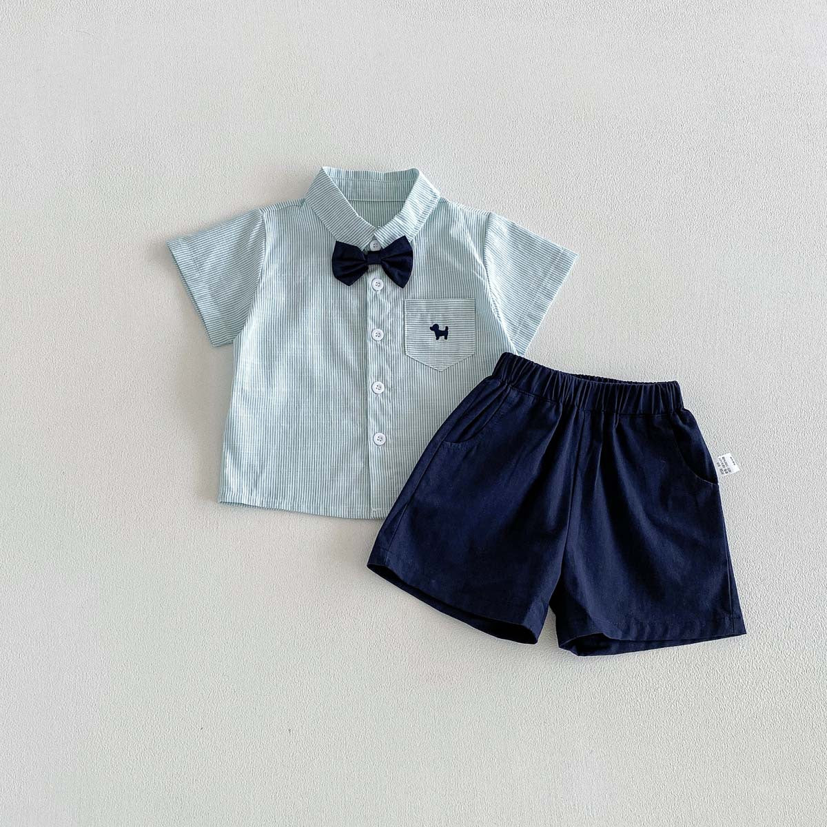 Bow Tie Short-Sleeve Shirt and Shorts Two-Piece Outfit