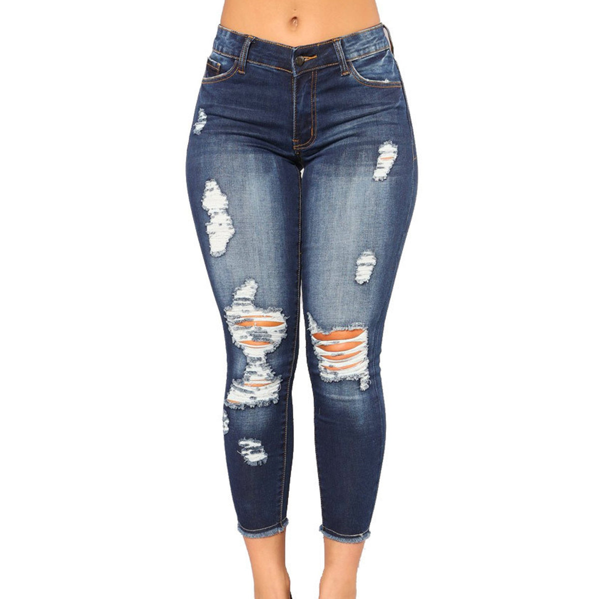 Elastic slim fit ripped small leg jeans
