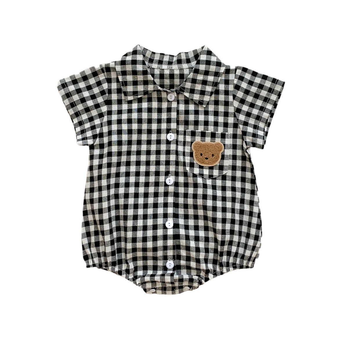 Collar Romper with Plaid Bear Pattern Onesie
