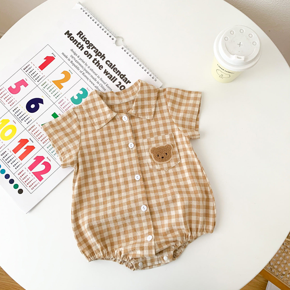 Collar Romper with Plaid Bear Pattern Onesie