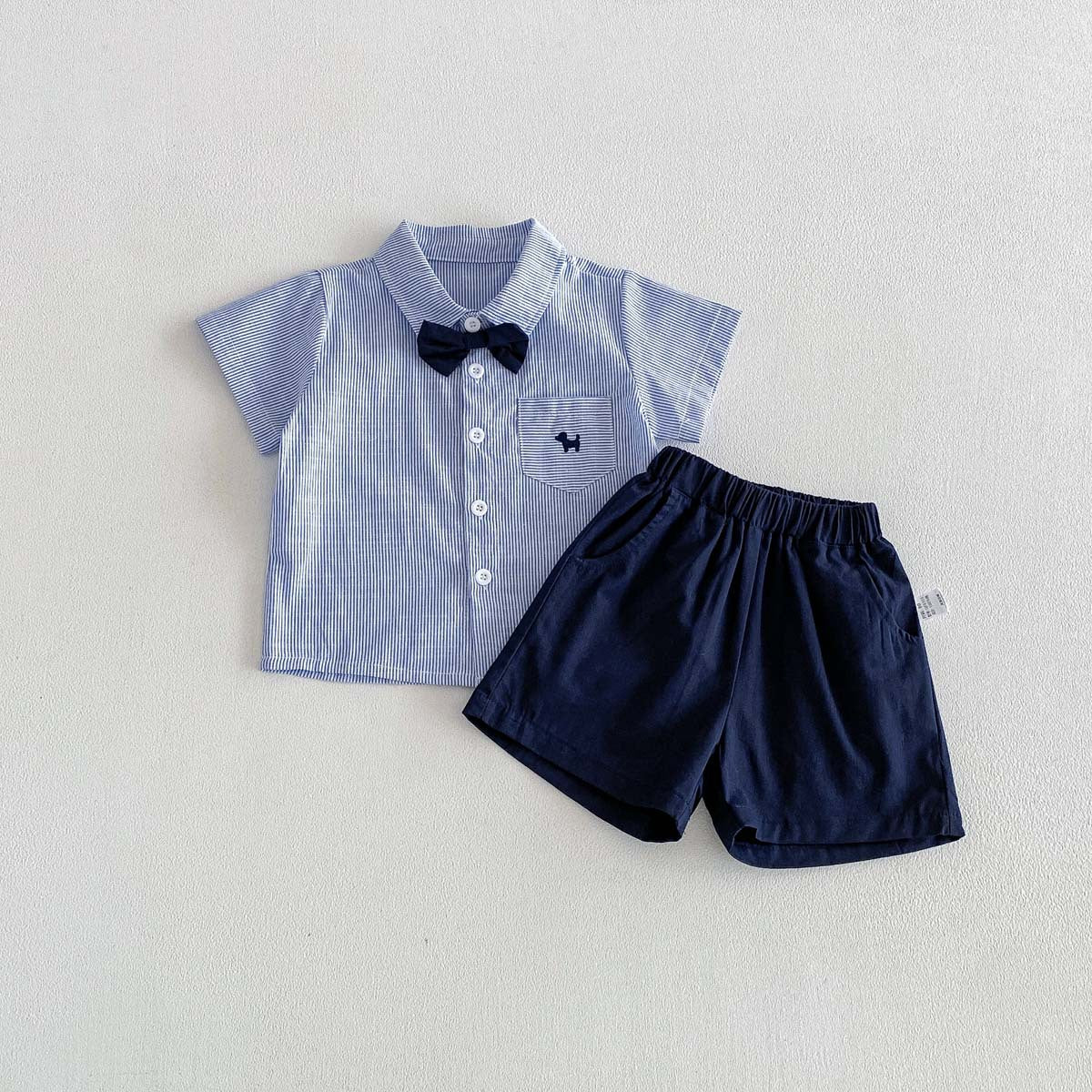 Bow Tie Short-Sleeve Shirt and Shorts Two-Piece Outfit