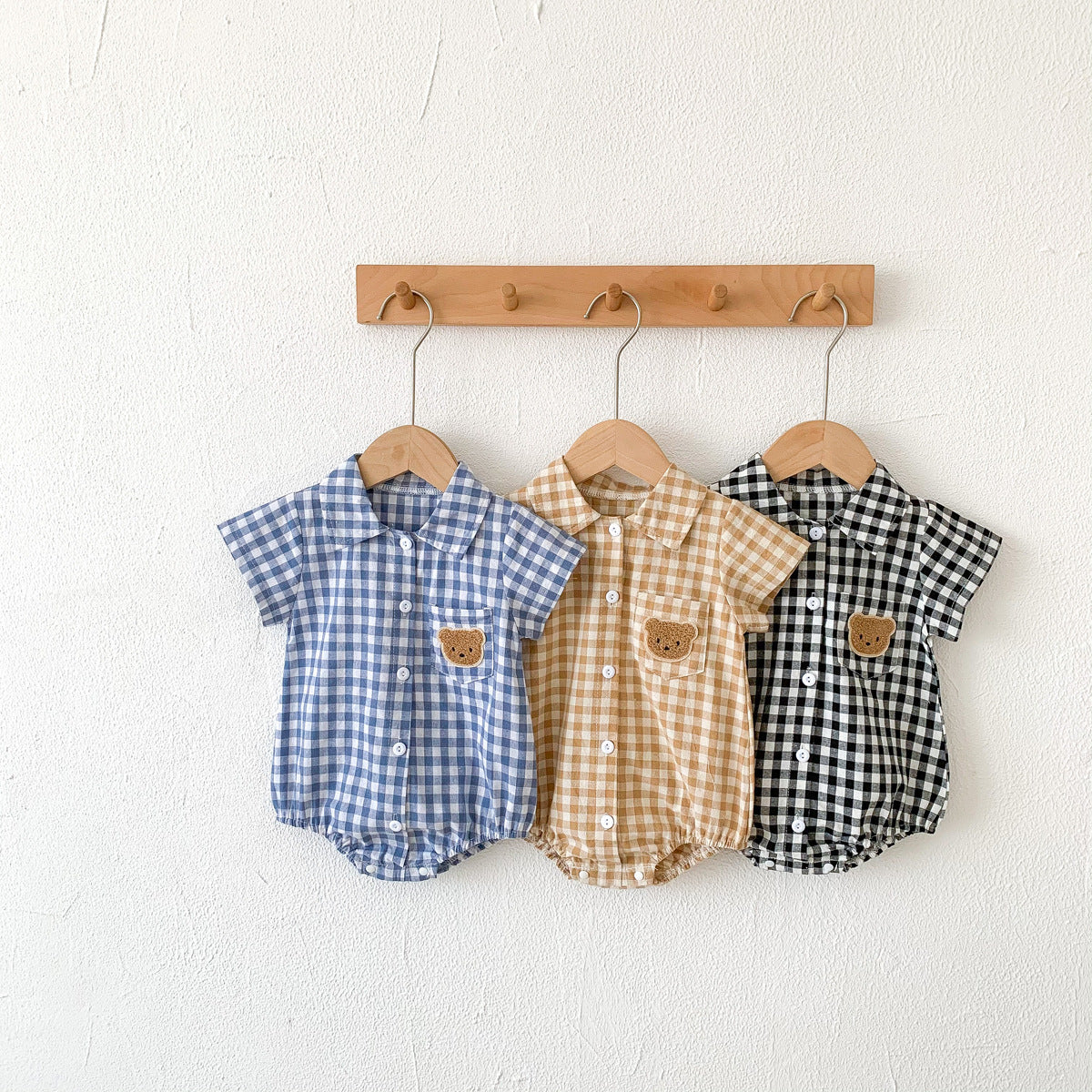 Collar Romper with Plaid Bear Pattern Onesie