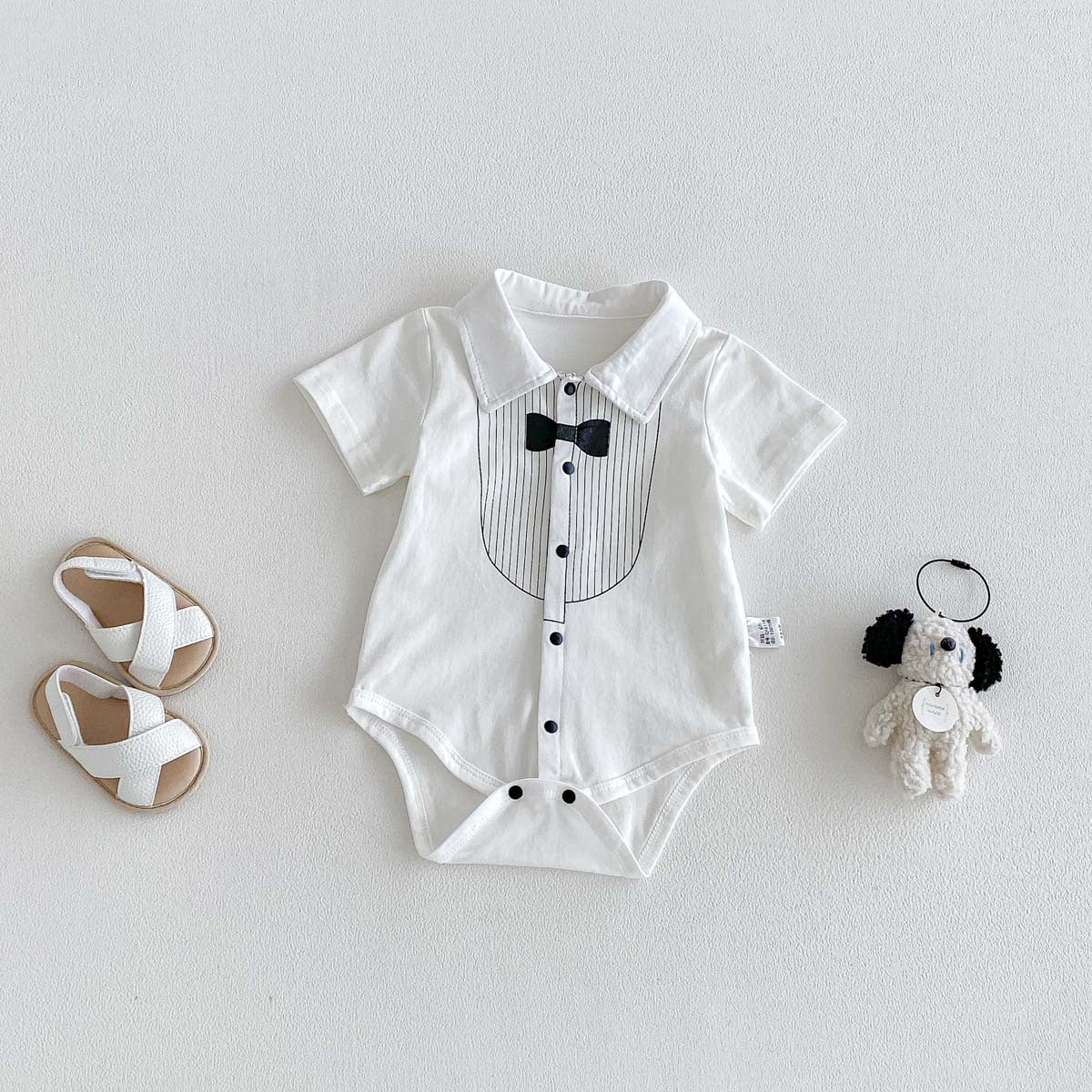 Polo Neck Short Sleeve Bodysuit Bow Tie Printed Romper