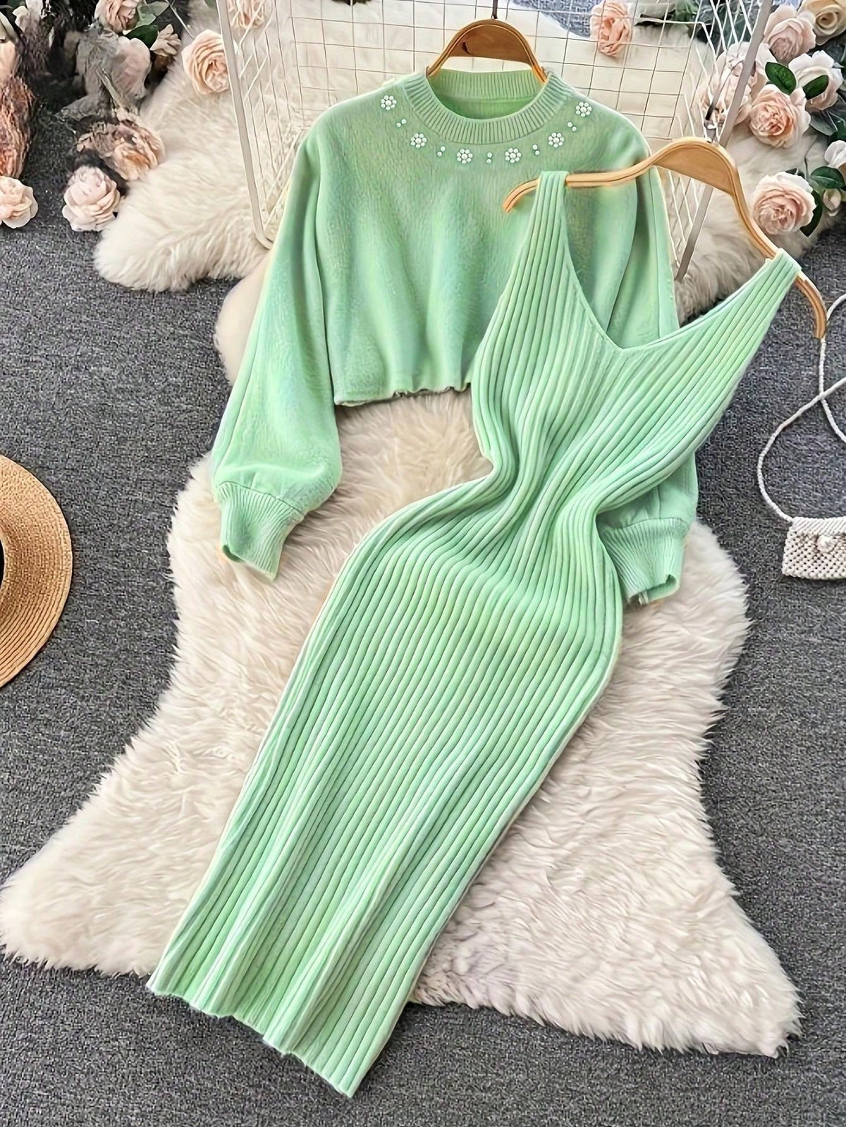 Two-Piece Knit Dress & Cropped Sweater Set