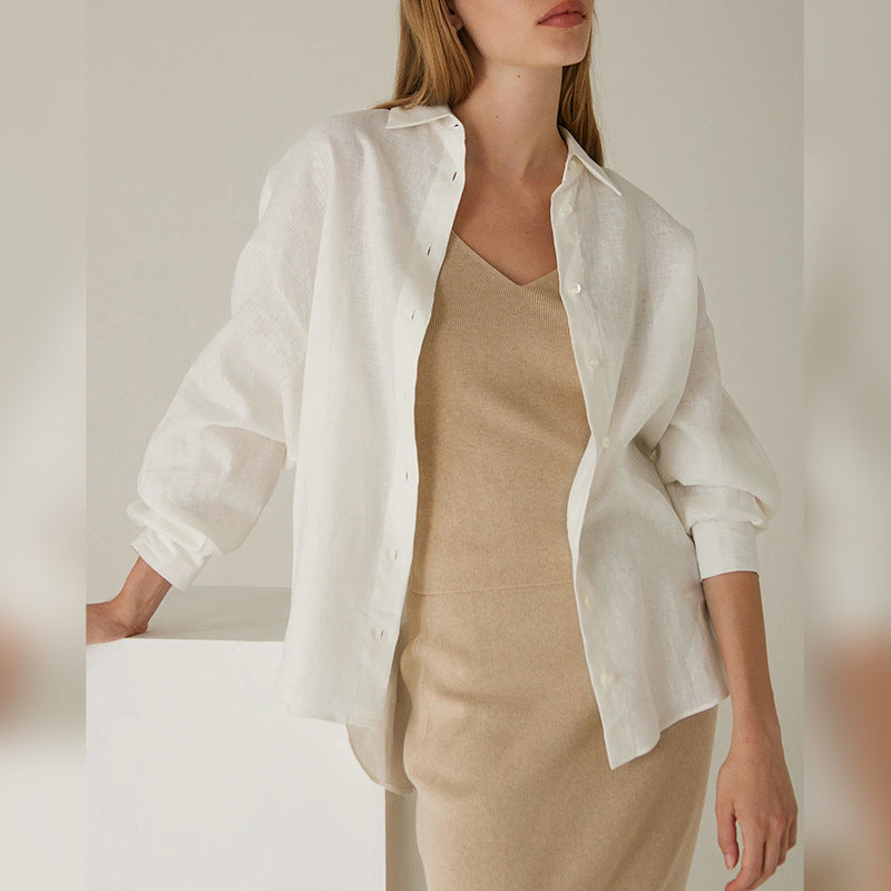 Linen Side Slit Blouse Women's French Casual Loose Top and Jacket Loose Shirt