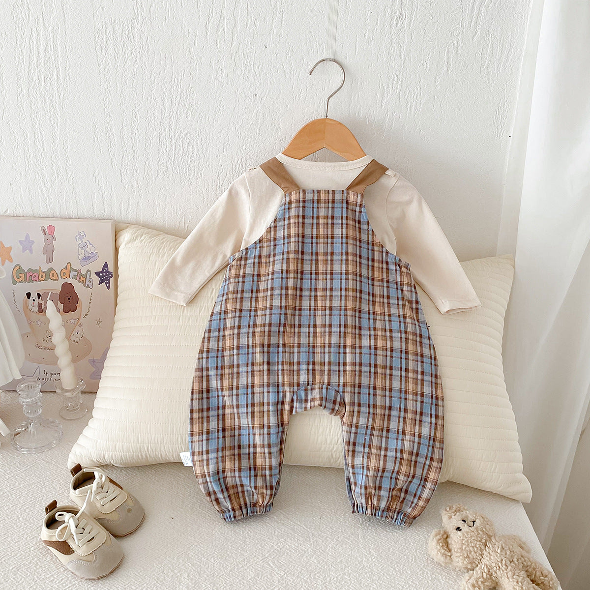 Plaid Overalls Onesie Two-Piece Set