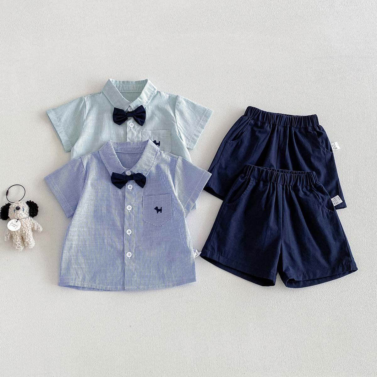 Bow Tie Short-Sleeve Shirt and Shorts Two-Piece Outfit