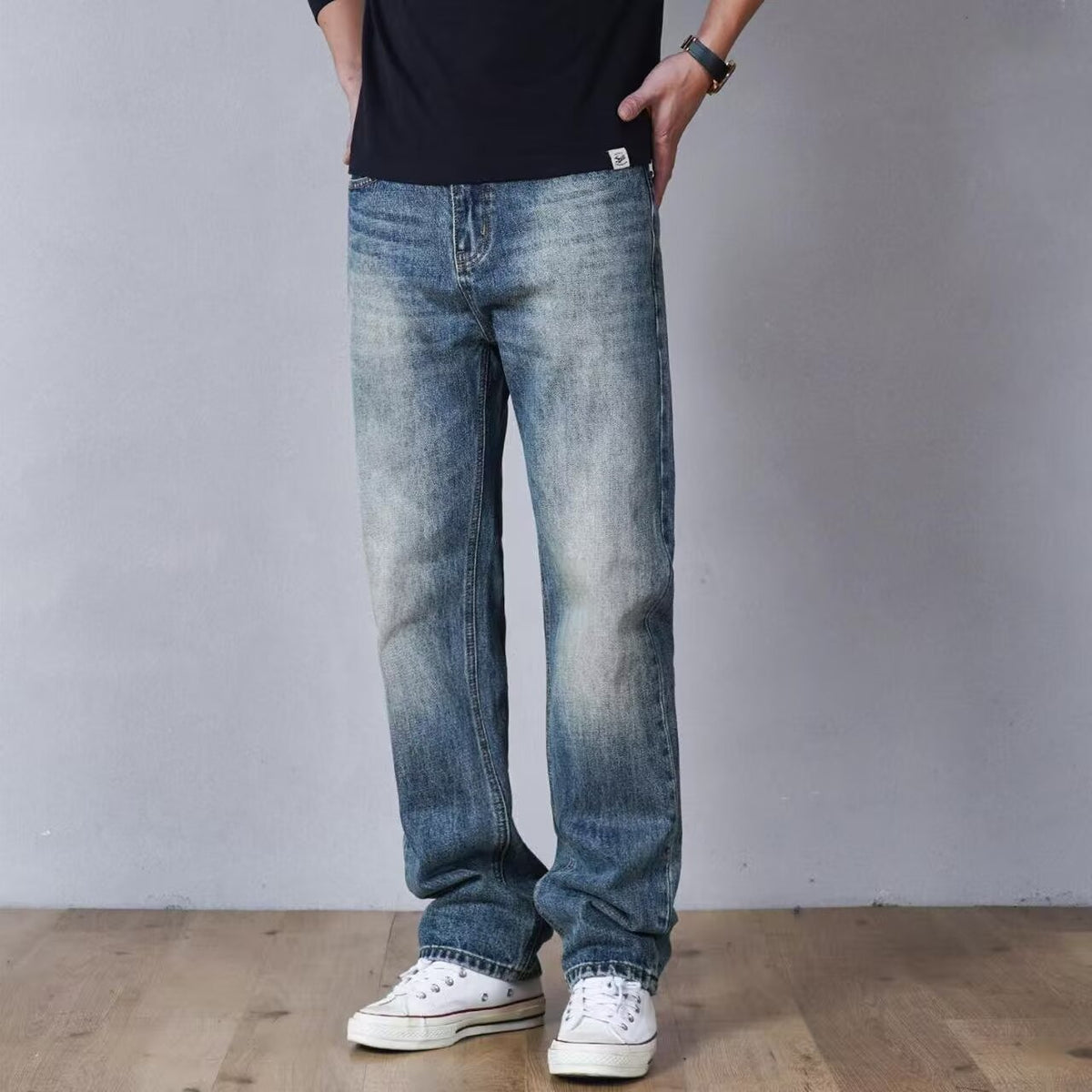 Men Women Washed Clean Fit Casual Straight Leg Floor Length Jeans