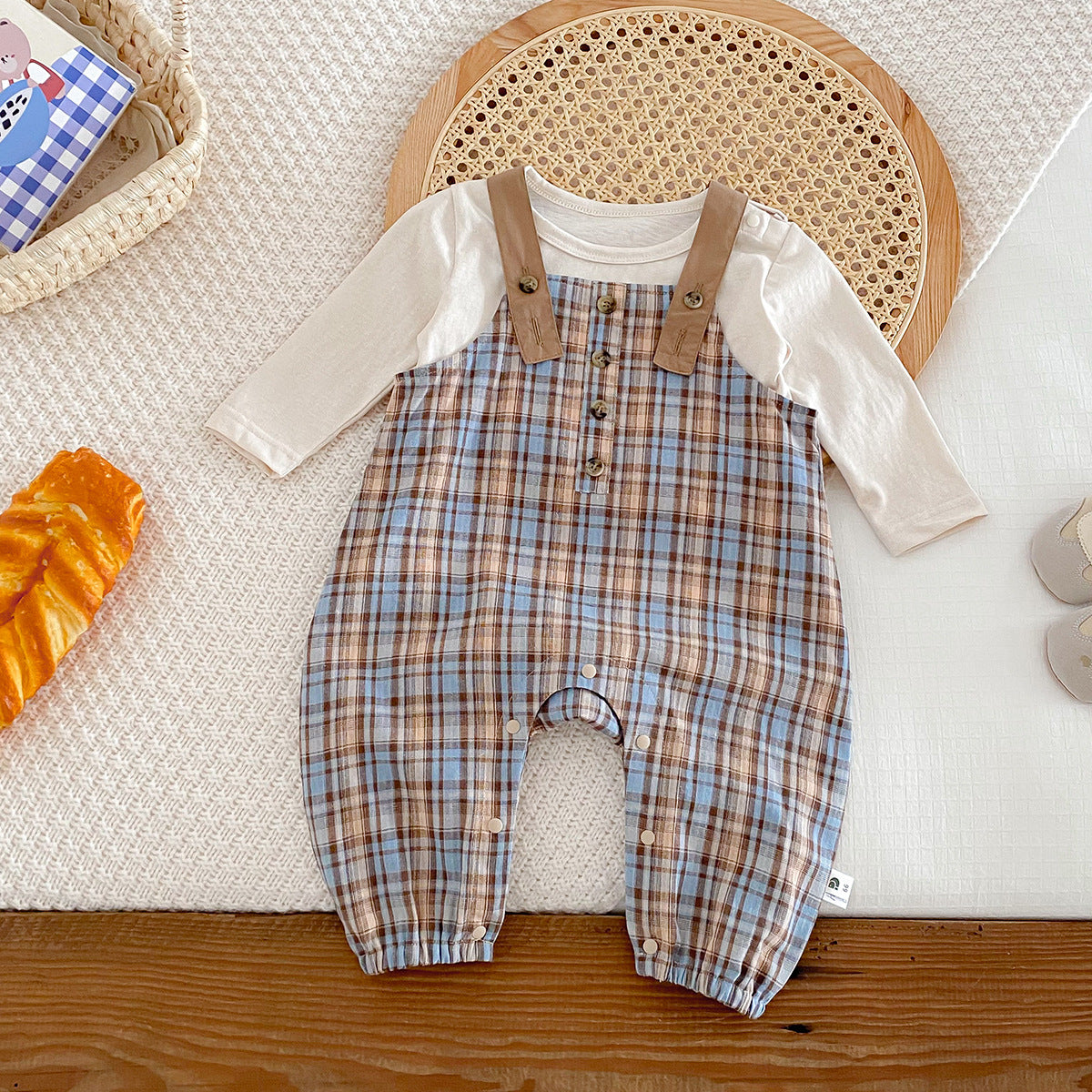 Plaid Overalls Onesie Two-Piece Set