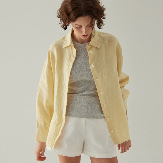 Linen Side Slit Blouse Women's French Casual Loose Top and Jacket Loose Shirt