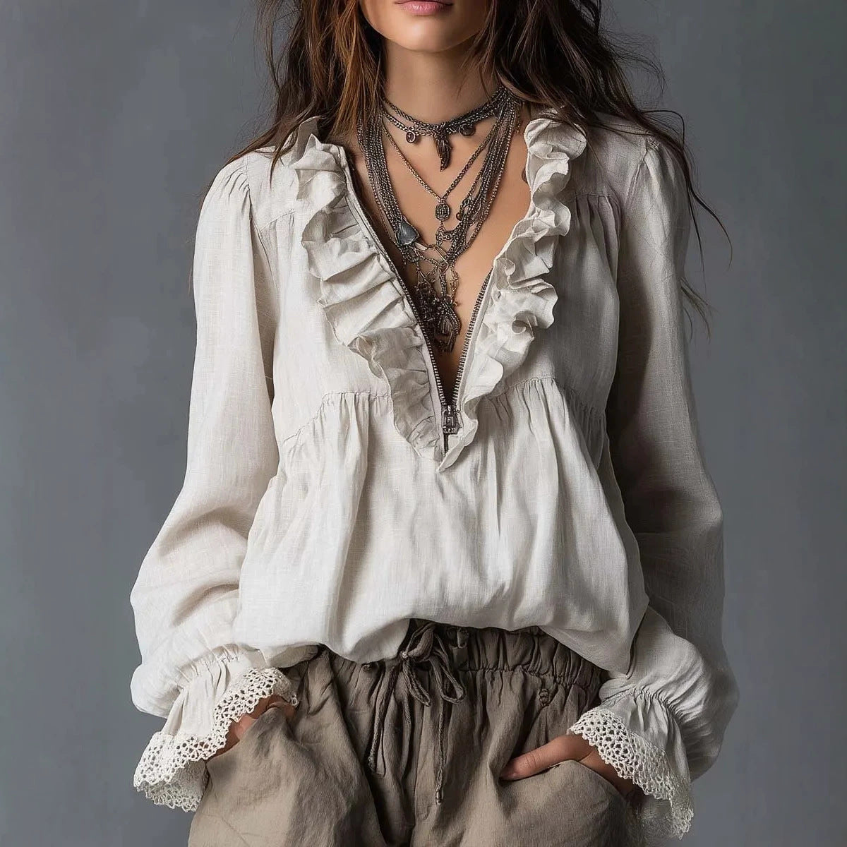 Lotus leaf V-neck blouse