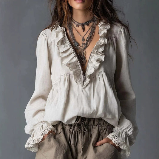 Lotus leaf V-neck blouse