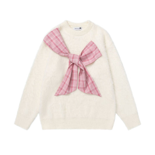Checkered scarf round neck sweater
